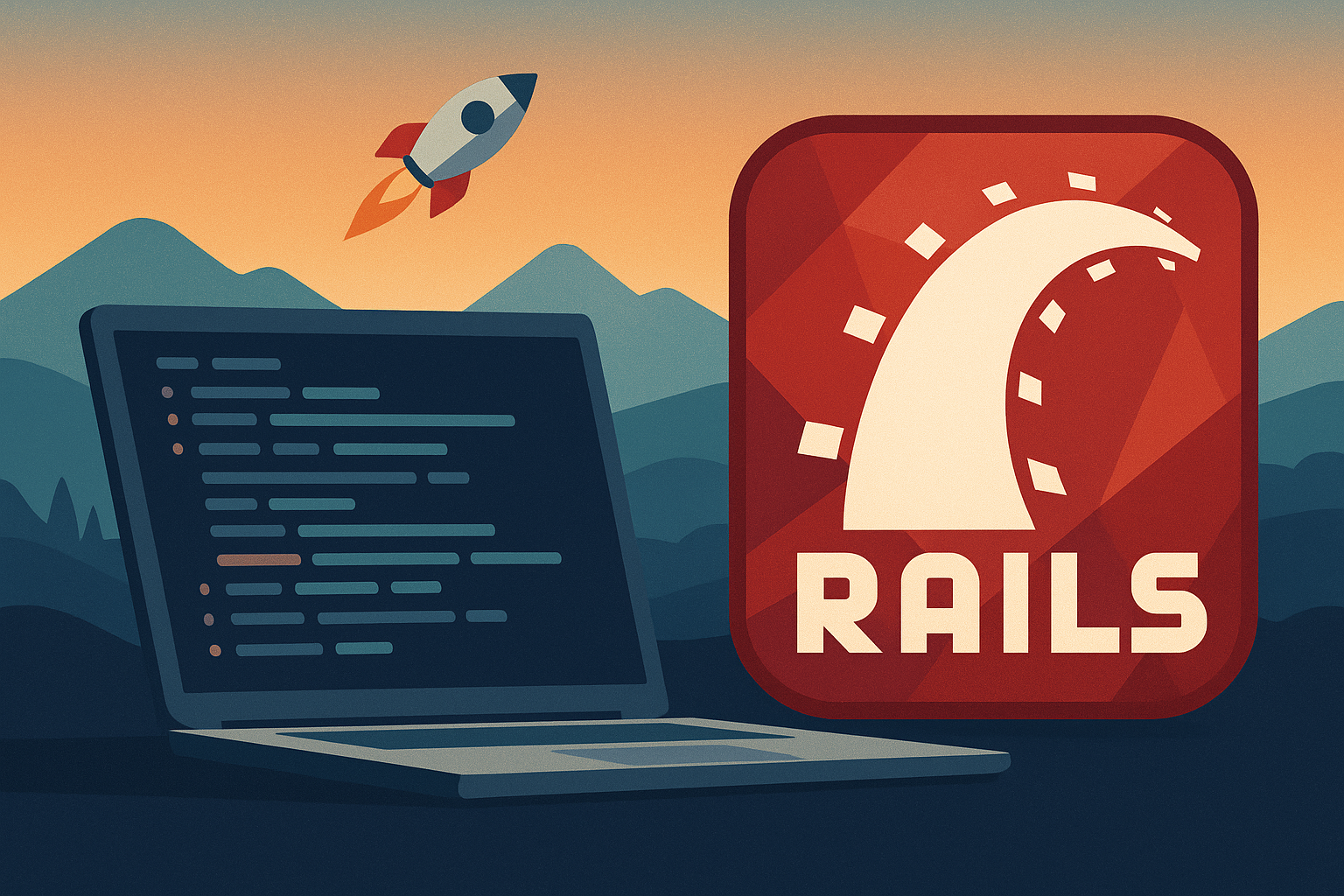 A flat design illustration with a Rails logo, code editor, and a rocket launching over a stylized landscape